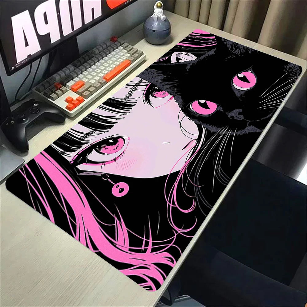 Anime Gaming Desk Mat – Mouse Pad, Kawaii Girl & Cat Design, Smooth Control Surface
