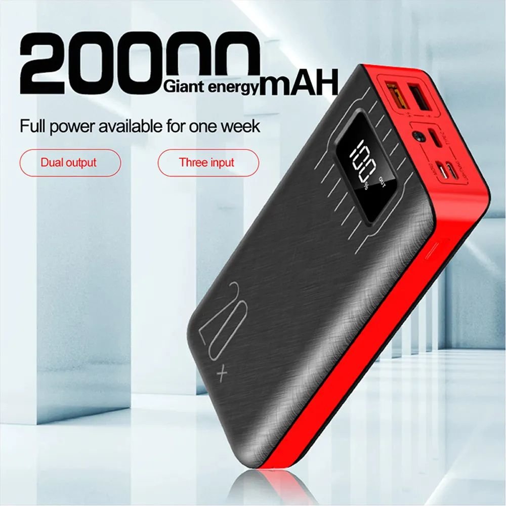 20000mAh External Battery Power Bank Dual USB With LED Flashlight Red Black