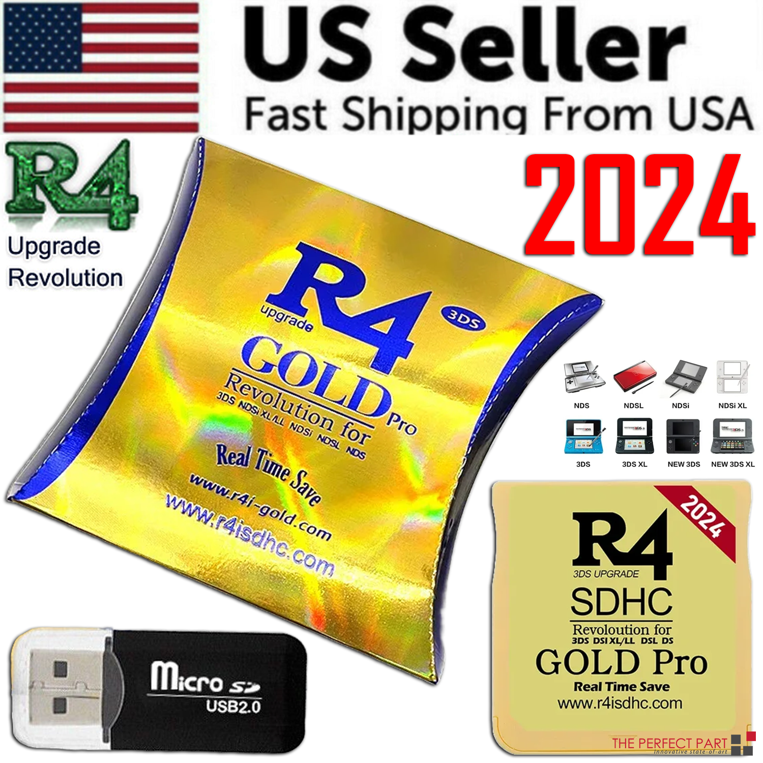 2024 Version R4 Gold Pro SDHC R4i For DS/3DS/2DS Revolution Cartridge + USB